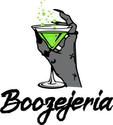 Ilustración de Boozejeria: una mano sosteniendo un cóctel verde